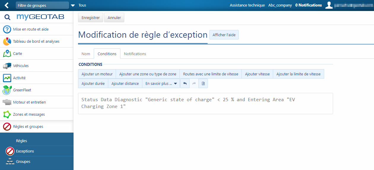 tableau de bord de la modification de la regle d